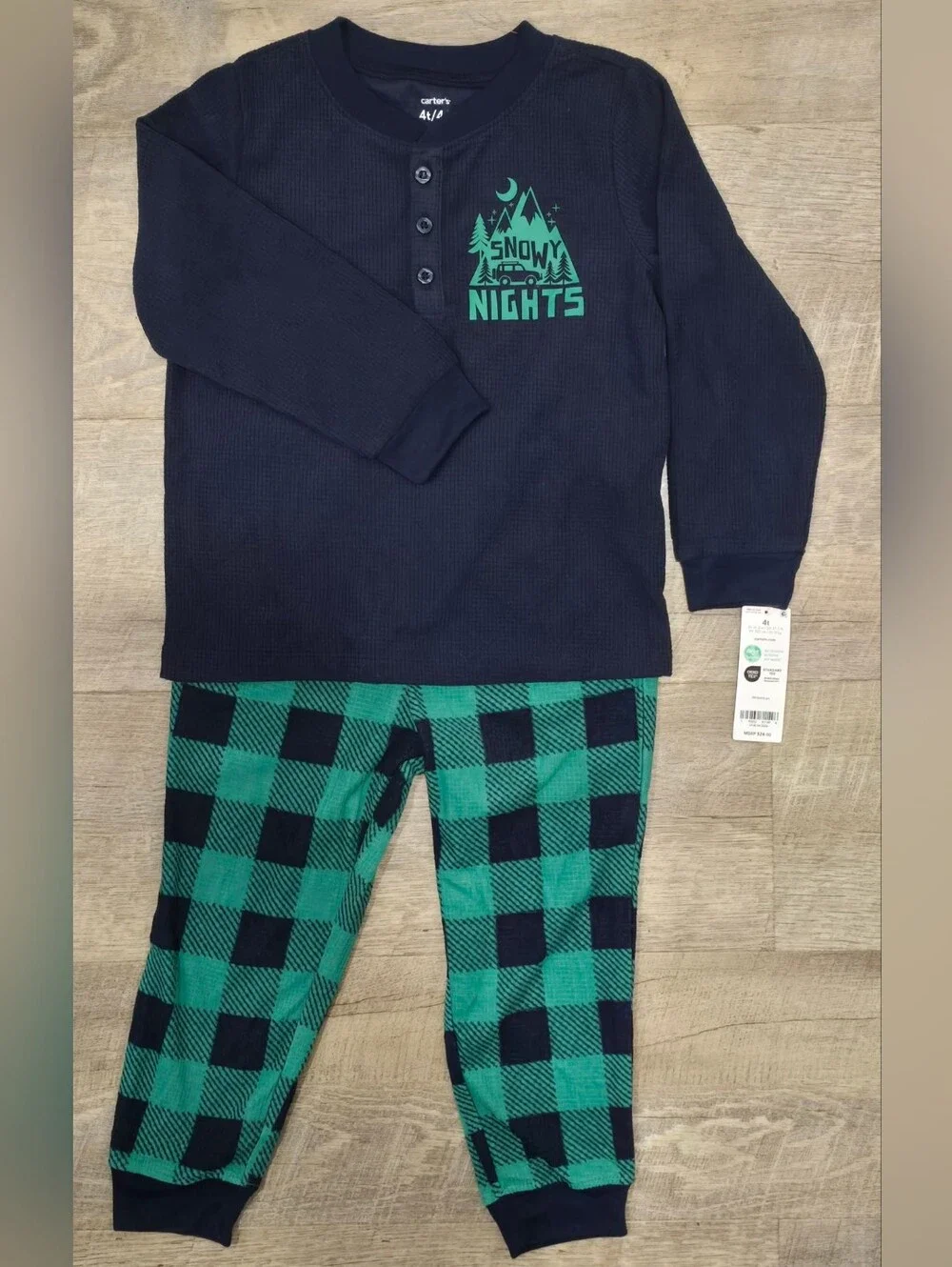 Carter's Navy Top with Green 'Snowy Nights' Buffalo-Check Pajama Set